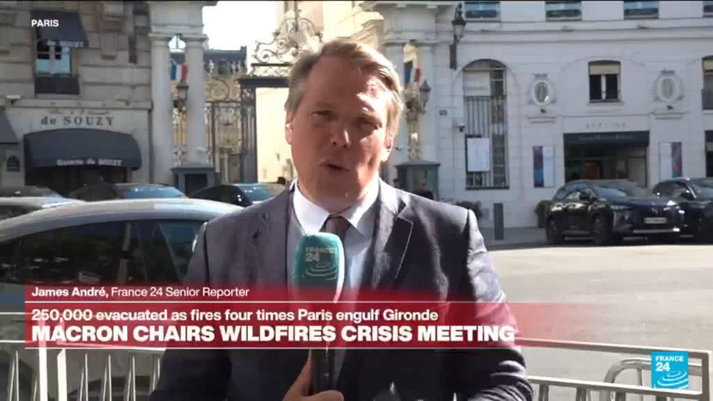 Video thumbnail for Macron calls crisis meeting as monster wildfires drive 250,000 from their homes