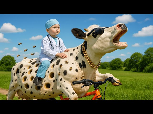 Video thumbnail for Doctor Kid Rescues Injured Cow | Real Life Cow on Bicycle with Bee Attack! Cow Videos FUNNY COW DANC