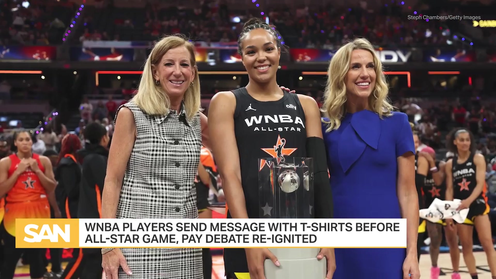 'Video thumbnail for WNBA players spark pay debate with T-shirts at All-Star Game; are they right?'