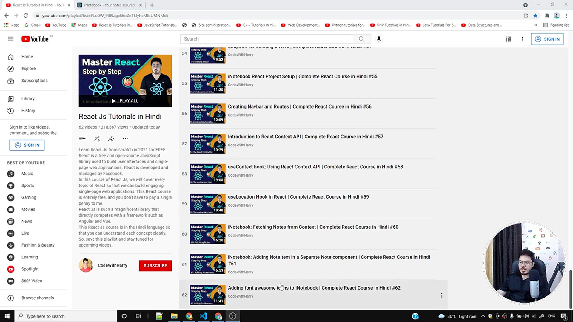 'Video thumbnail for Adding _fetch notes_ functionality to iNotebook _ Complete React Course in Hindi #65'