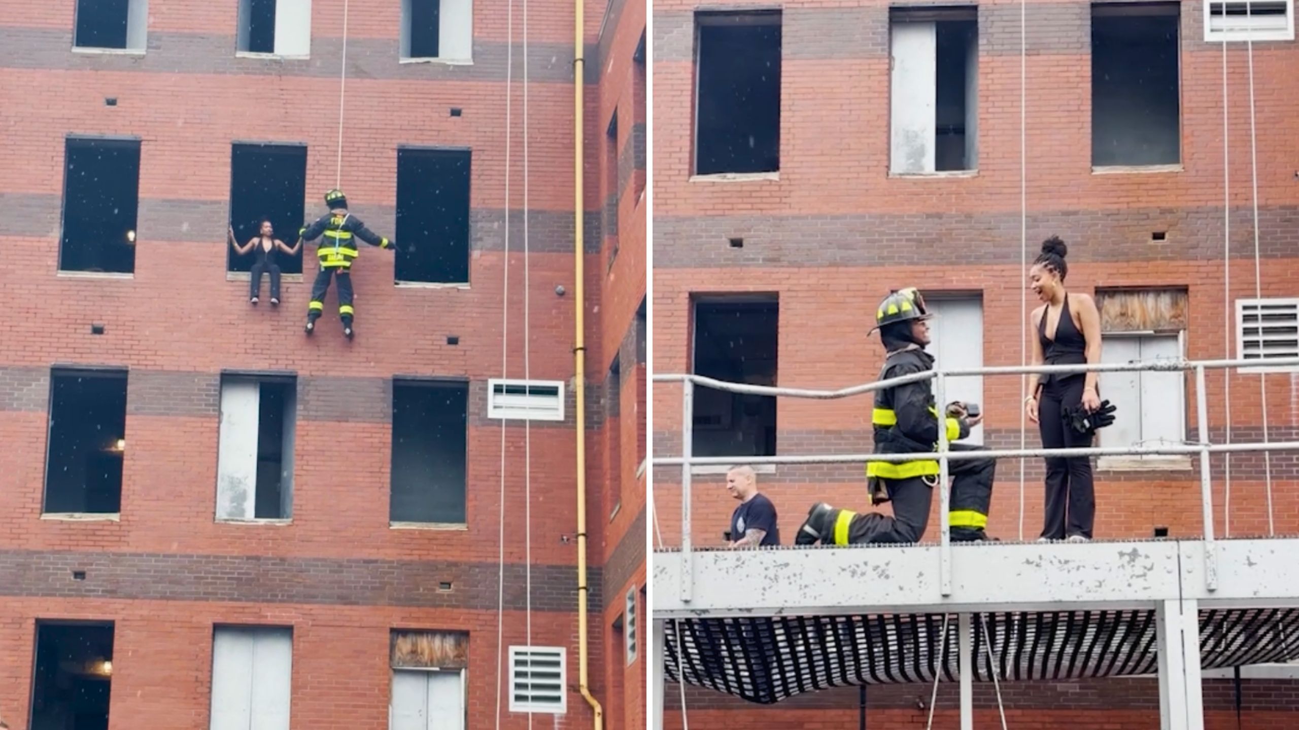 Video thumbnail for Firefighter Rappels Building To "Rescue" Girlfriend Before Surprise Proposal