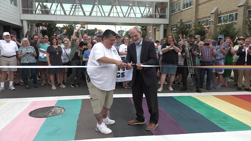 Video thumbnail for Stratford LGBTQIA+ community cuts ribbon on rainbow crosswalk, despite recent acts of vandalism