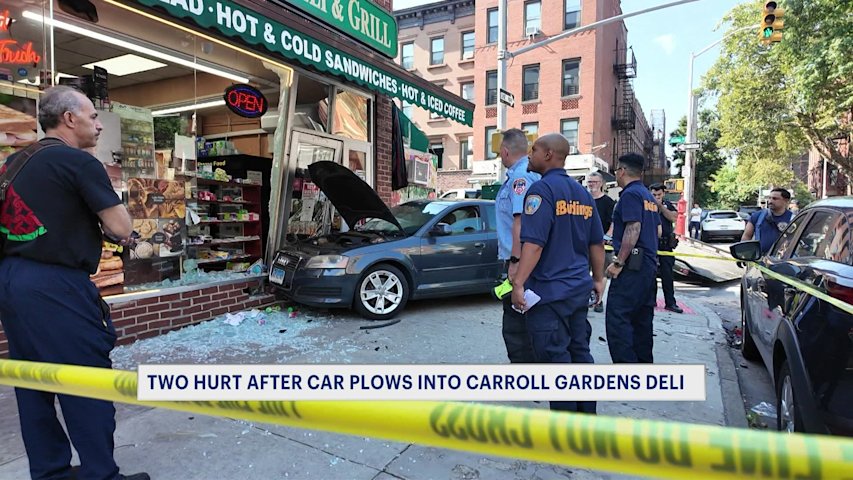 Video thumbnail for 2 injured after car crashes into Carroll Gardens deli following 2-vehicle collision