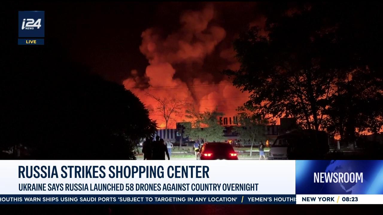 Video thumbnail for Russia strikes shopping center: Ukraine says Russia launched 58 drones against country overnight