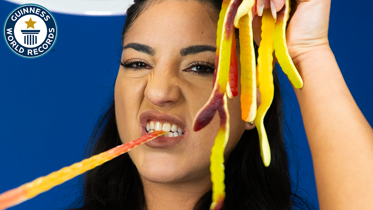 'Video thumbnail for Most gummy worms eaten in 30 seconds'