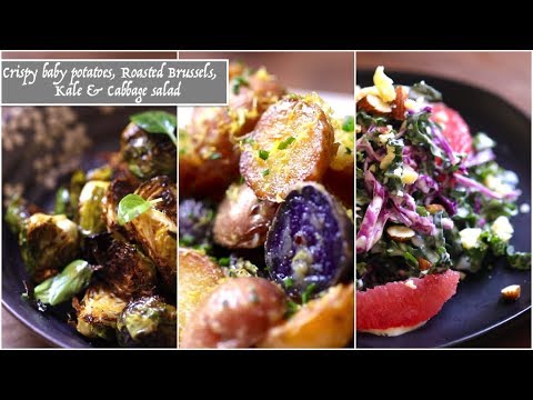 Video thumbnail for Crispy Baby Potatoes, Roasted Brussel Sprouts, & Kale & Cabbage Salad