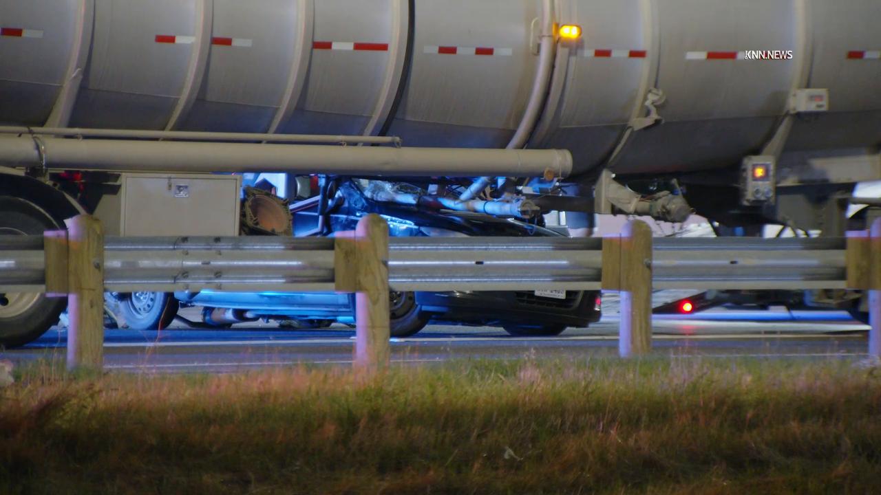 Video thumbnail for US, Dallas: Dallas Vehicle Lodged Under Tanker Truck.