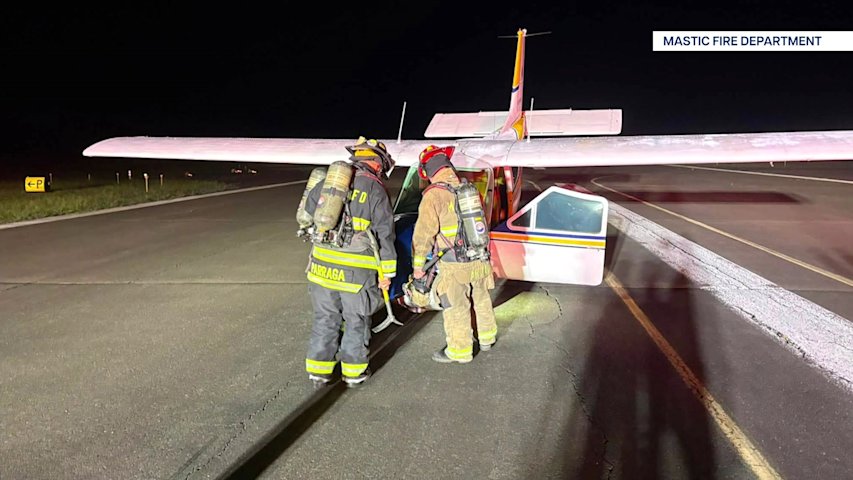 Video thumbnail for Cessna crash lands at Brookhaven Calabro Airport in Shirley after landing-gear issue