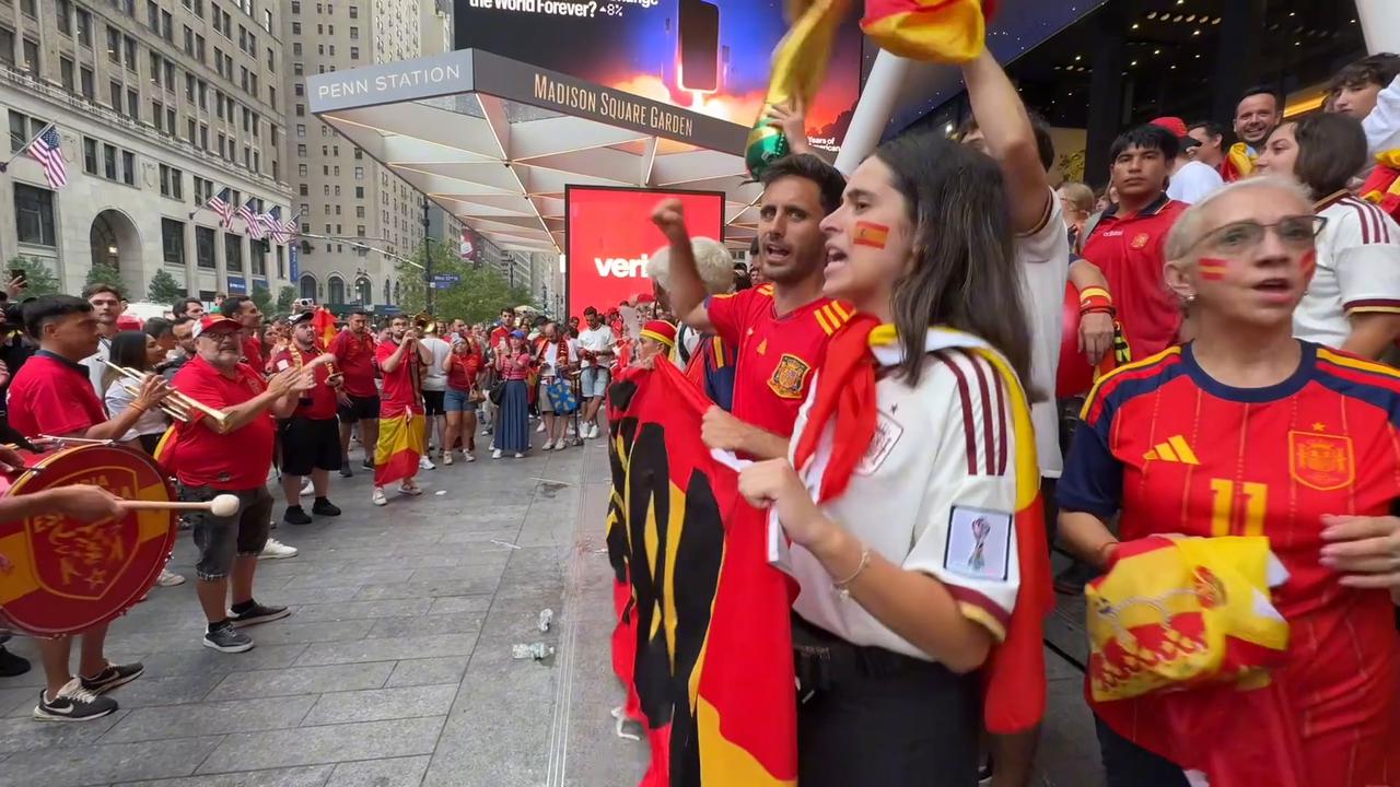 Video thumbnail for US: Spain supporters gather in Madison Square Garden ahead of 2026 FIFA World Cup final.