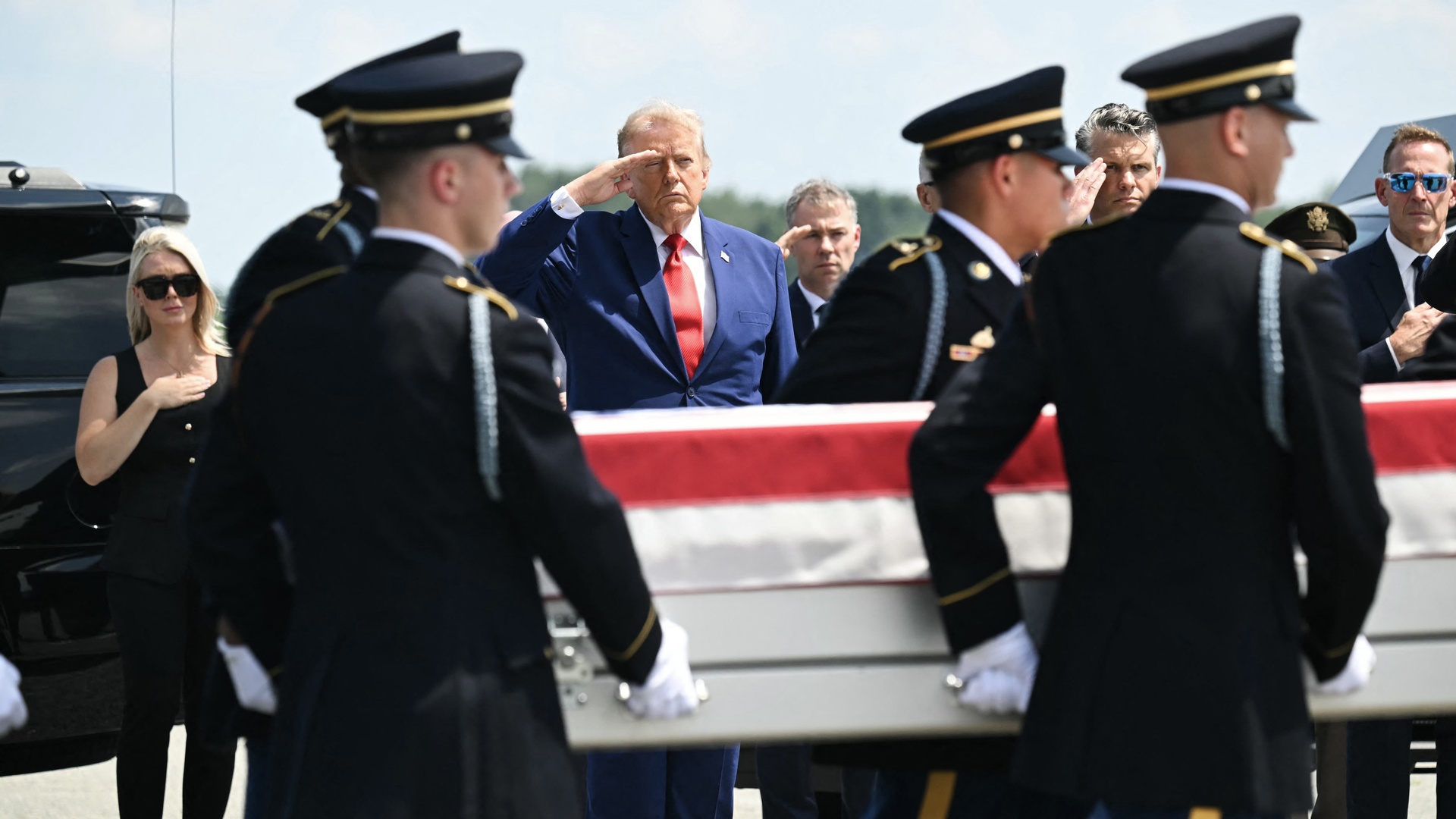Video thumbnail for Trump honors four US troops killed in Iran attacks, flies one family to Georgia on Air Force One