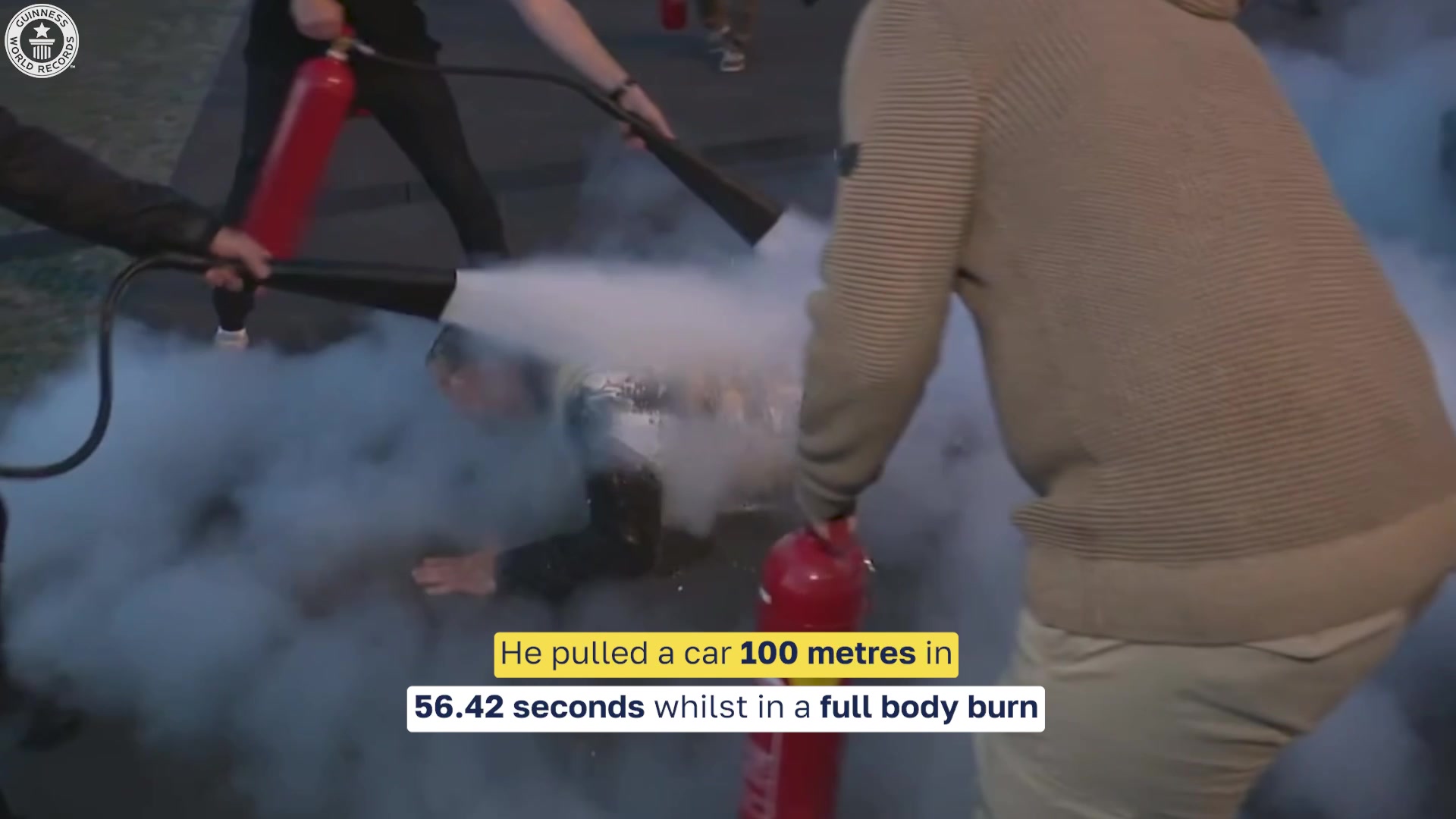 'Video thumbnail for Fastest 100m pulling a car in full body burn'