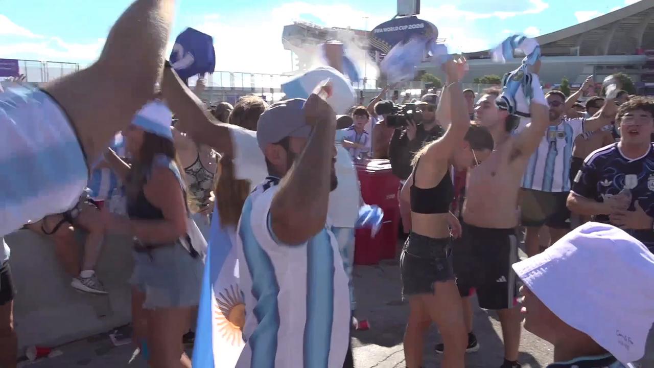 Video thumbnail for US: Argentina, Switzerland fans gather ahead of World Cup quarterfinal.