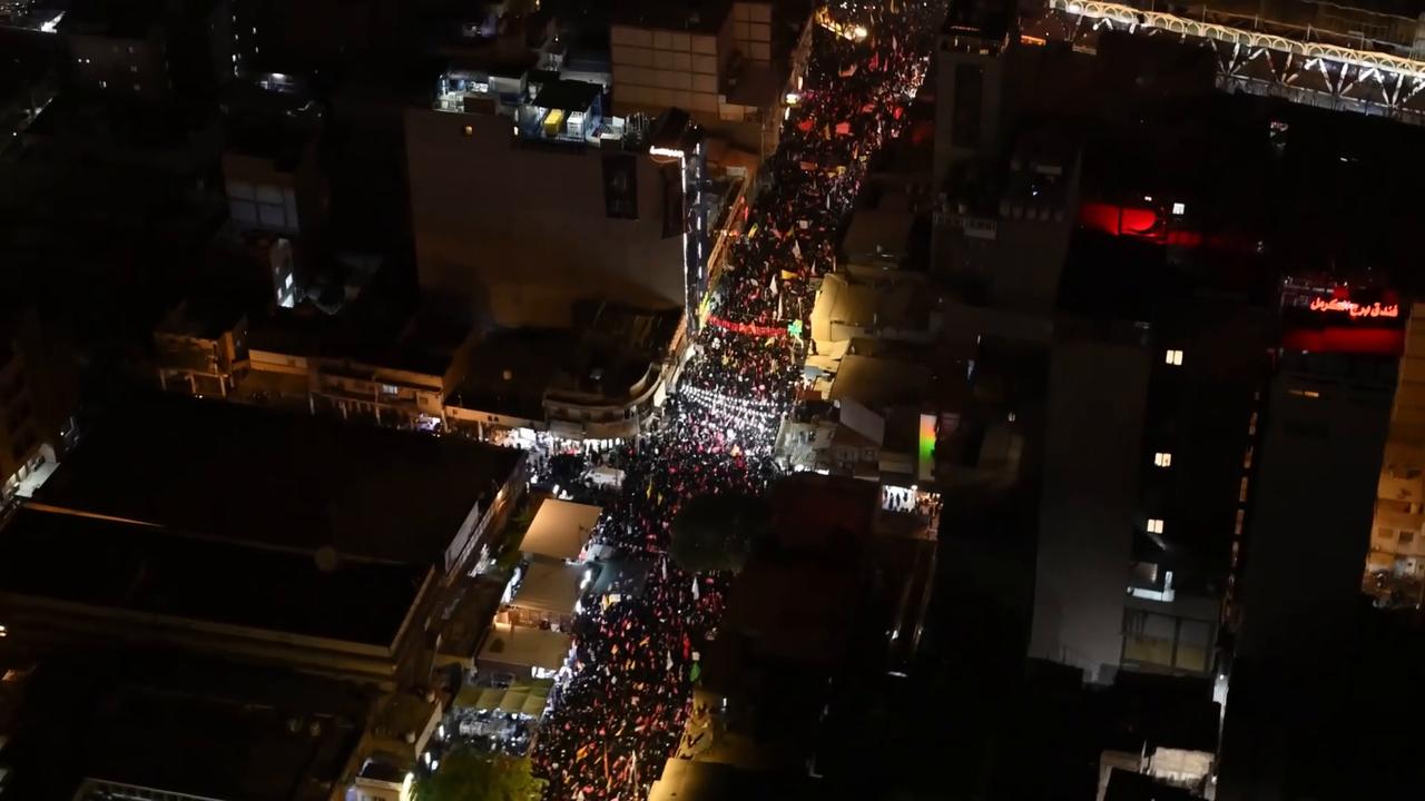 Video thumbnail for Iraq: Drone captures massive crowds gathering for Ali Khamenei funeral in Iraq's Karbala.