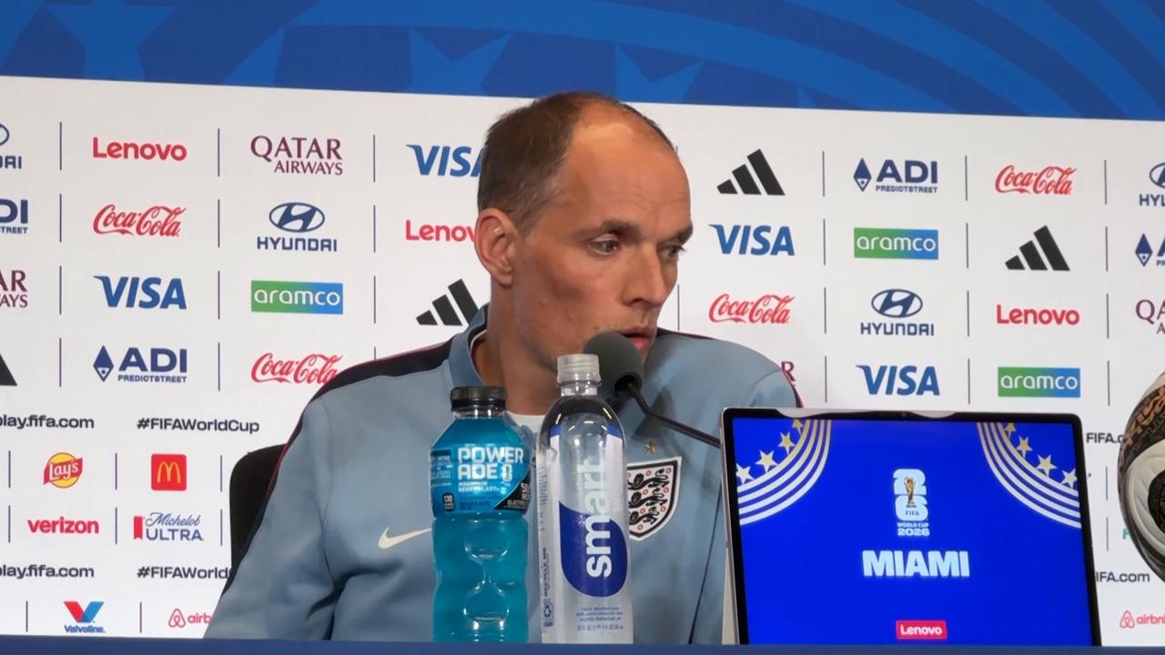 Video thumbnail for US: England coach Tuchel, defender Stones address media ahead of World Cup third-place playoff against France.