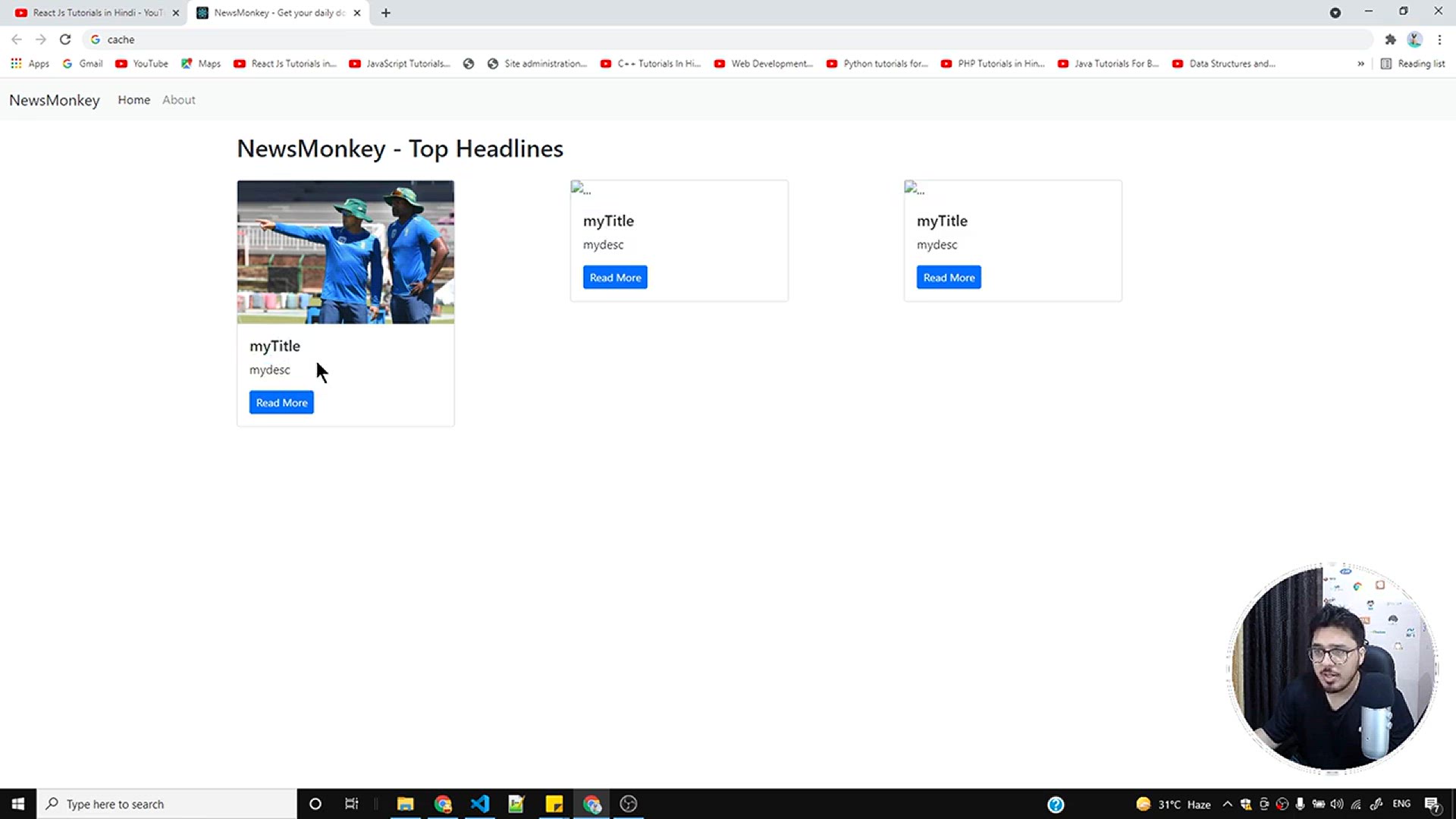 'Video thumbnail for Looping through an array in JSX to display NewsItems from state _ Complete React Course in Hindi #26'
