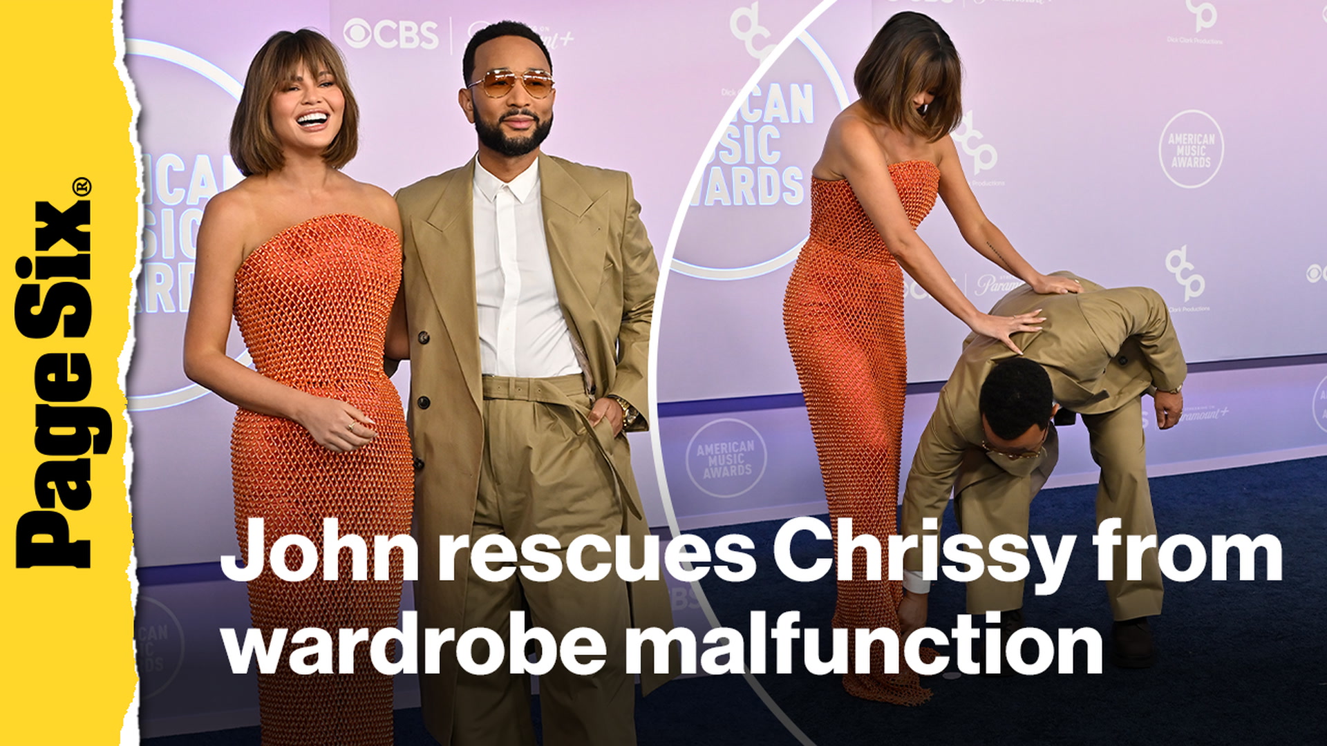 Video thumbnail for John Legend rescues wife Chrissy Teigen from wardrobe malfunction at 2026 AMAs