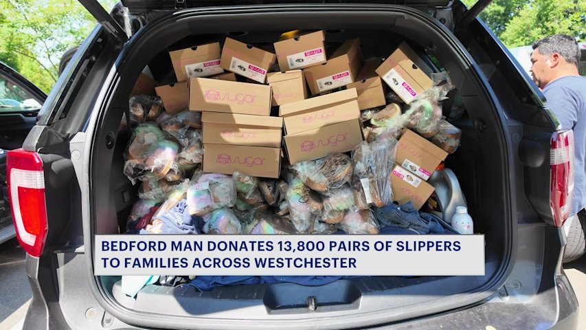 Video thumbnail for Bedford resident donates thousands of slippers to Westchester County communities