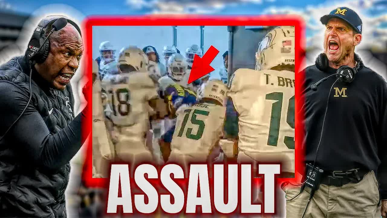 'Video thumbnail for Michigan State players fight and jump multiple Michigan players (WHAT HAPPENED)Multiple suspensions.'