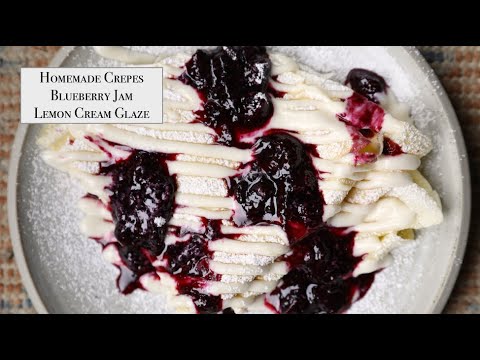 Video thumbnail for Crepes with Blueberry Jam & Lemon Cream Cheese Glaze