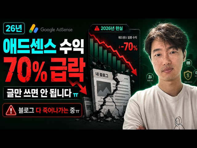 Video thumbnail for 26년 애드센스 수익 70% 급락, 블로그 다 죽어나가는 중ㅠ 이젠 미련하게 글만 쓰면 안 됩니다.
