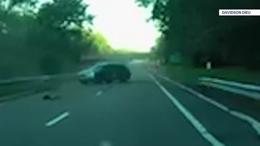 Video thumbnail for Dash cam shows driver crash after swerving for deer on Palisades Parkway