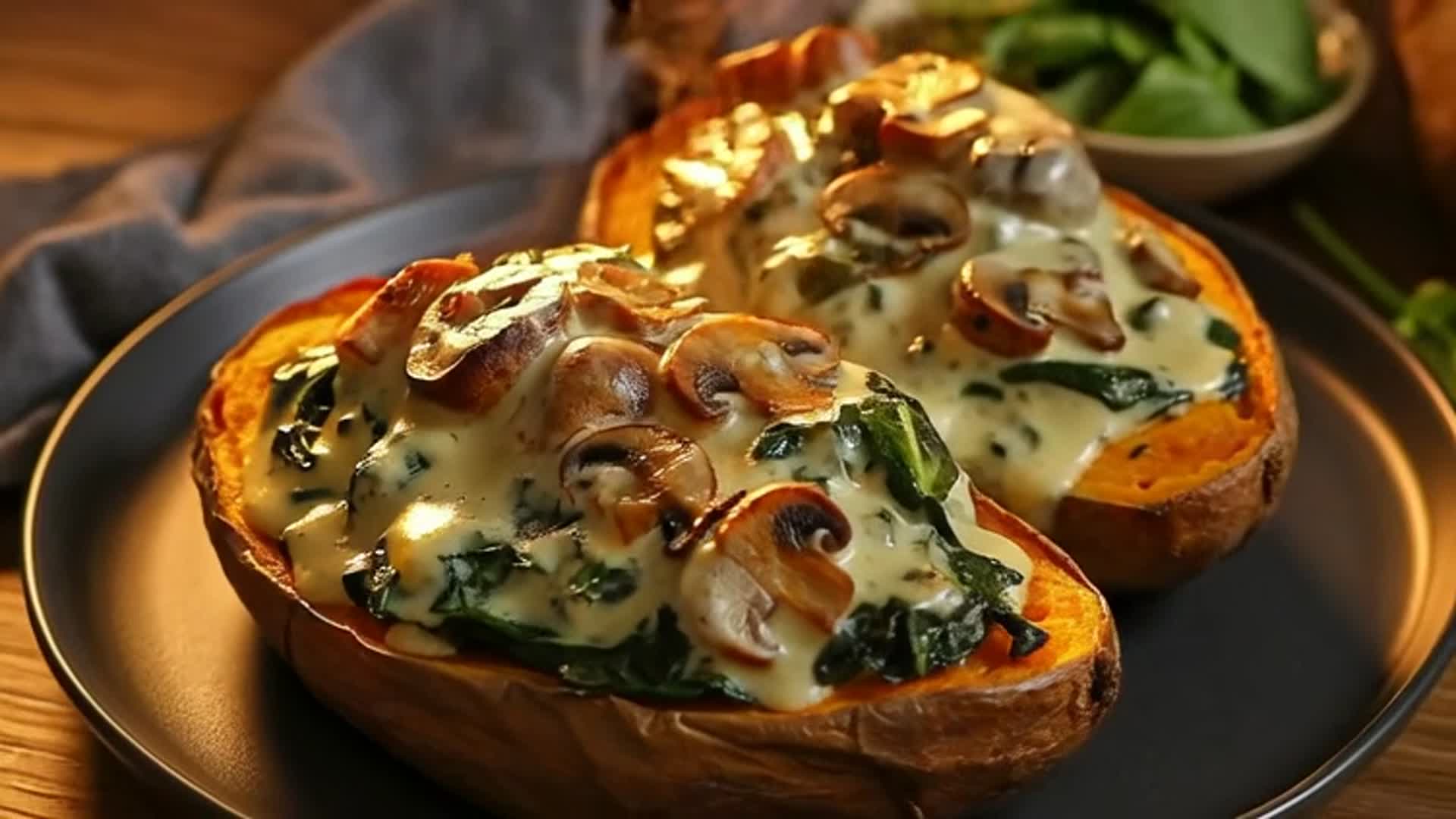 Video thumbnail for Creamy Mushroom & Spinach Stuffed Sweet Potatoes | Easy Vegetarian Comfort Food