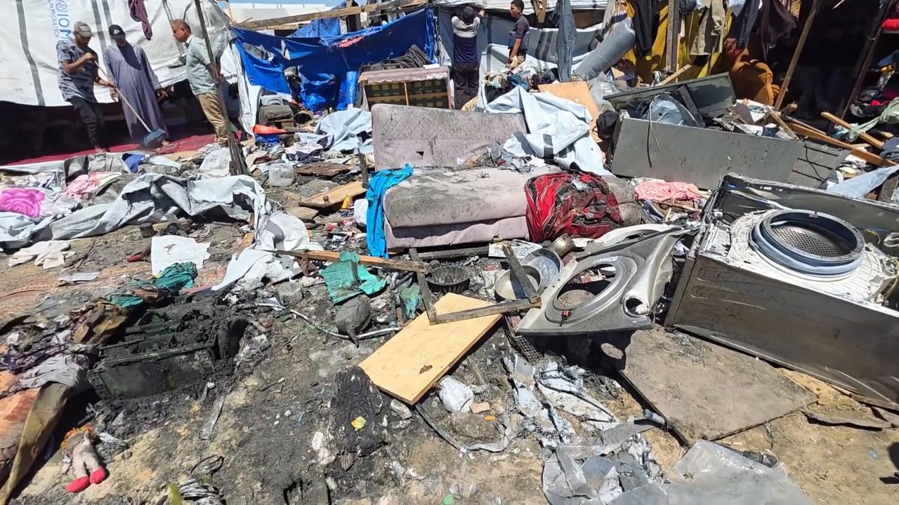 Video thumbnail for Israeli strike leaves devastation at displaced Palestinians' camp in Gaza.