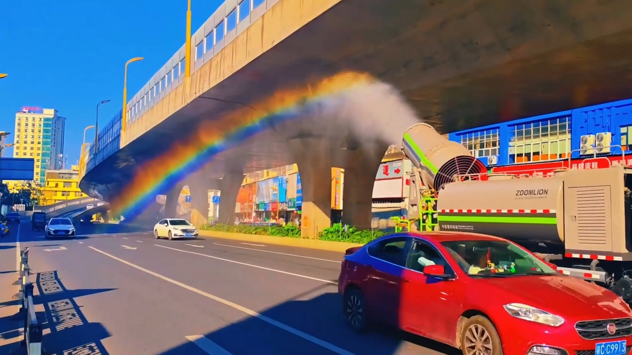 Video thumbnail for Mist Cannon Forms Rainbow Over Jiangxi Street