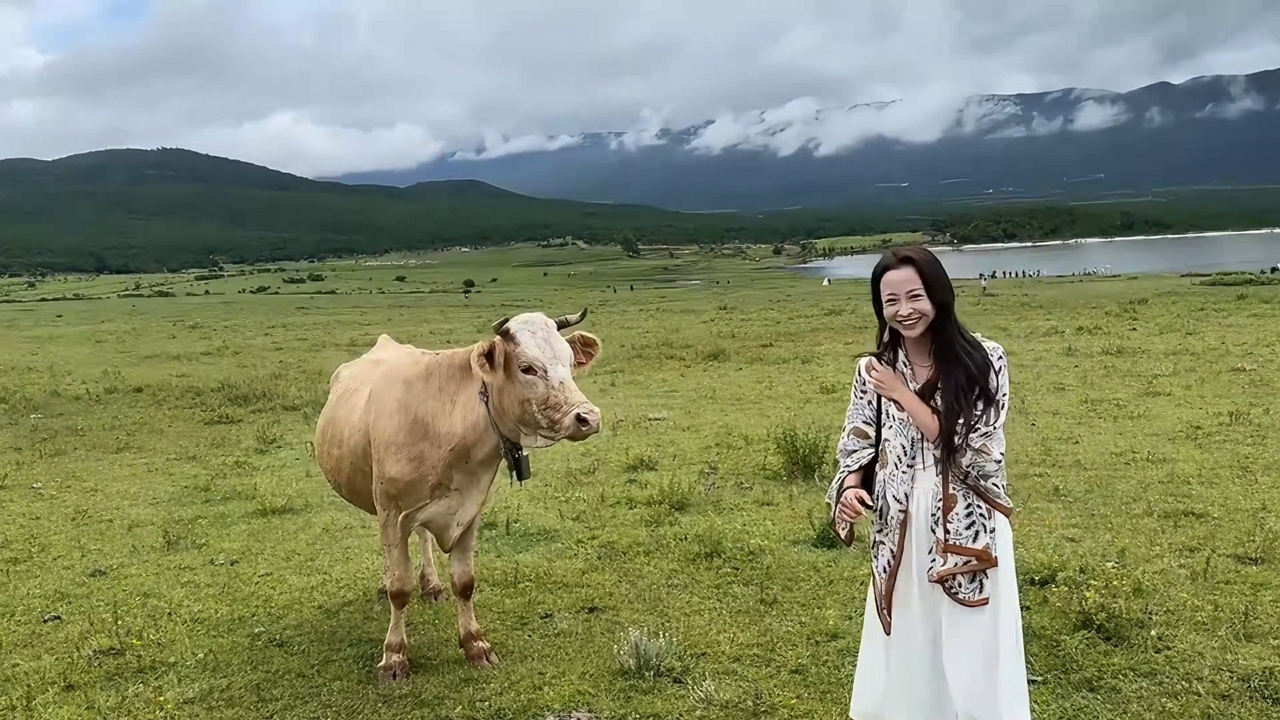 Video thumbnail for Cow Gently Nudges Laughing Woman in Yunnan Field