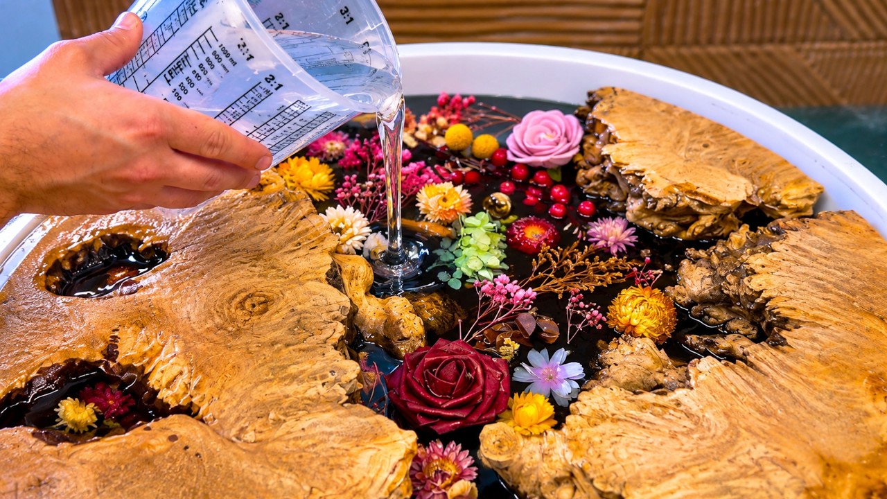 Video thumbnail for Encapsulating Real Flowers in a Burl Wood Table
