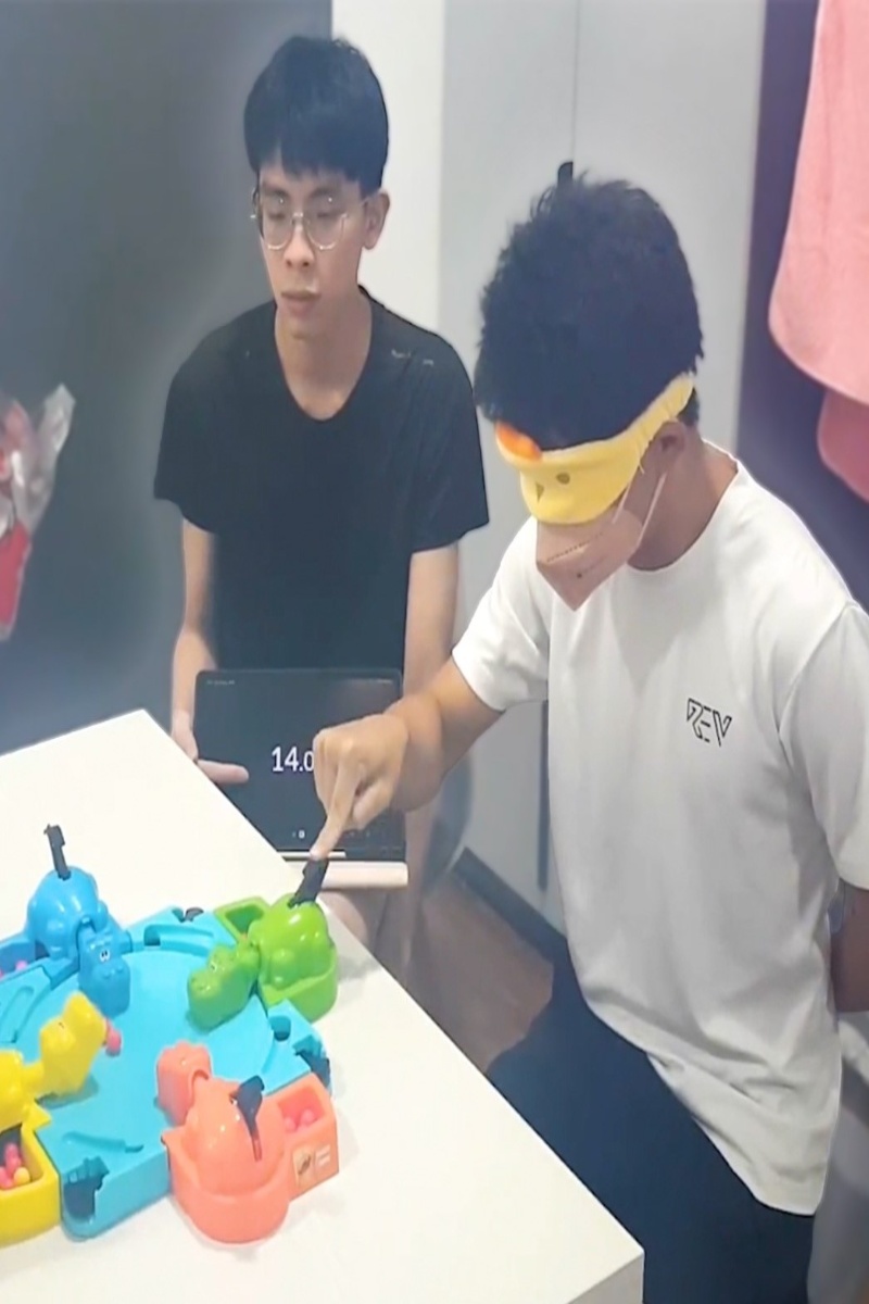 Video thumbnail for Fastest time to clear a game of Hungry Hungry Hippos blindfolded (team of two) - 15.57 seconds by Lim Kai Yi and Tey E Fund