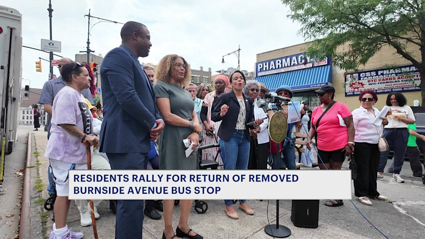 Video thumbnail for Residents rally for return of Burnside Avenue bus stop after MTA removal