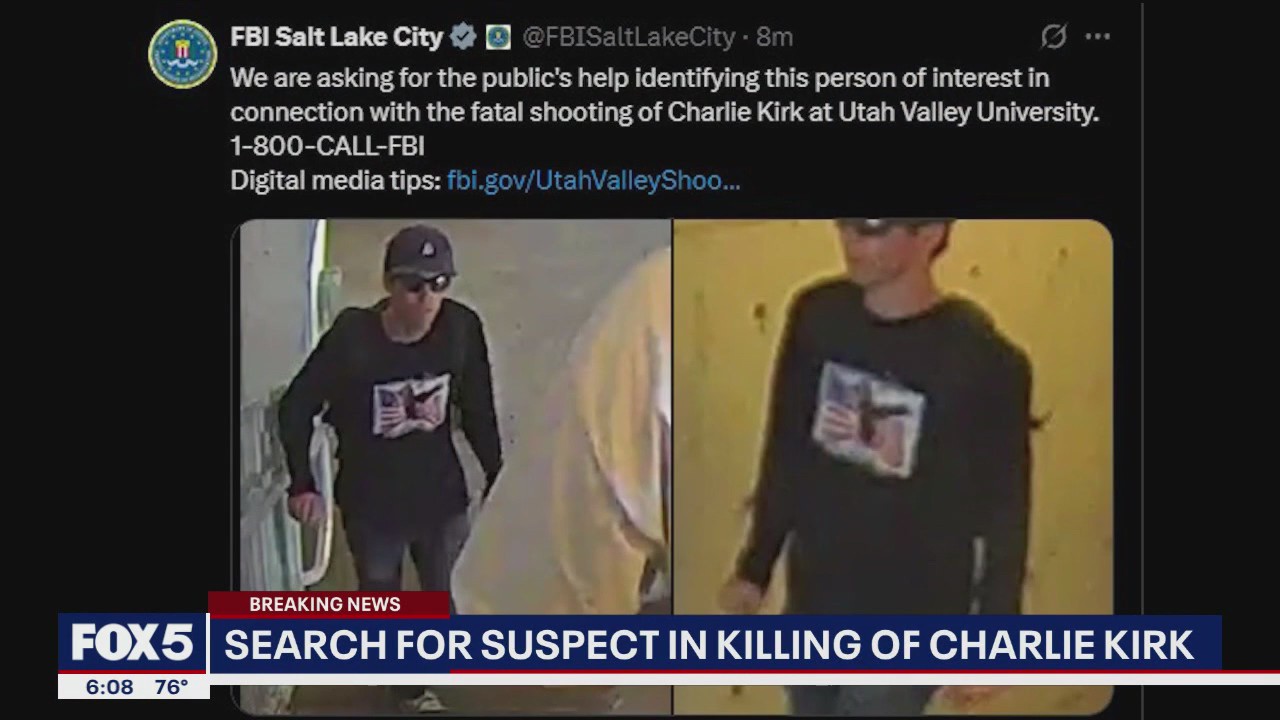 'Video thumbnail for Search for suspect in killing of Charlie Kirk continues'
