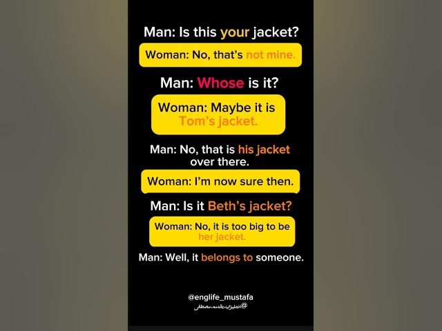 Video thumbnail for Possessive adjectives and pronouns. Practice WHOSE in a question. Use ‘s and verb”belong to” elllo