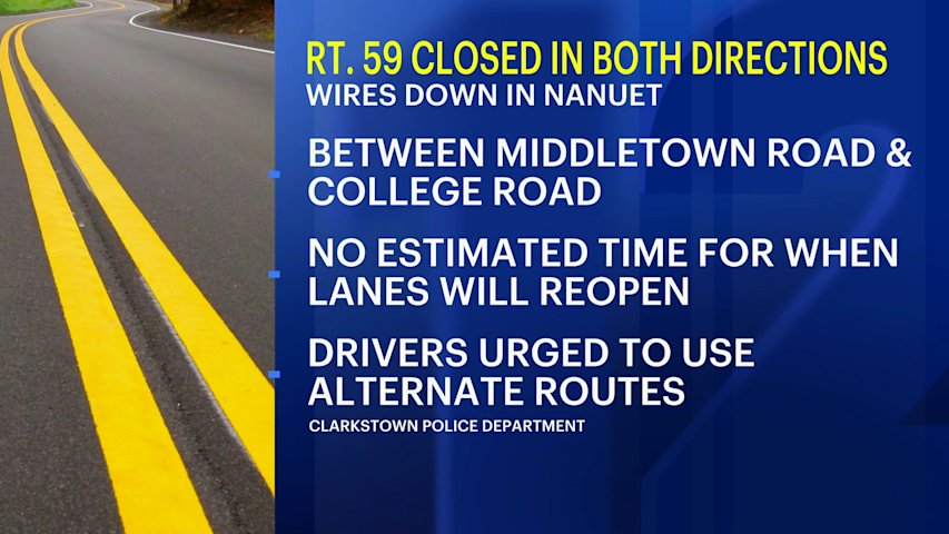 Video thumbnail for Route 59 shut down in both directions after utility pole and wires fall across road in Nanuet