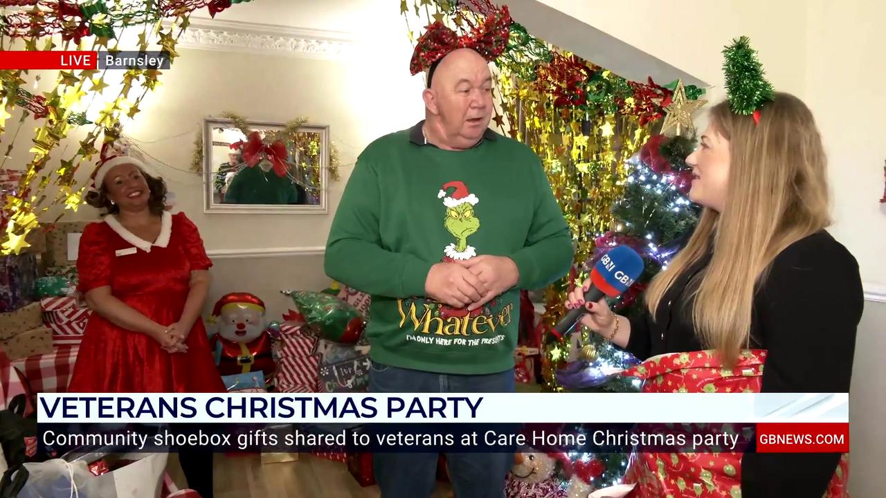 Video thumbnail for WATCH: GB News reporter wrapped up as a Christmas gift at Veterans Christmas party