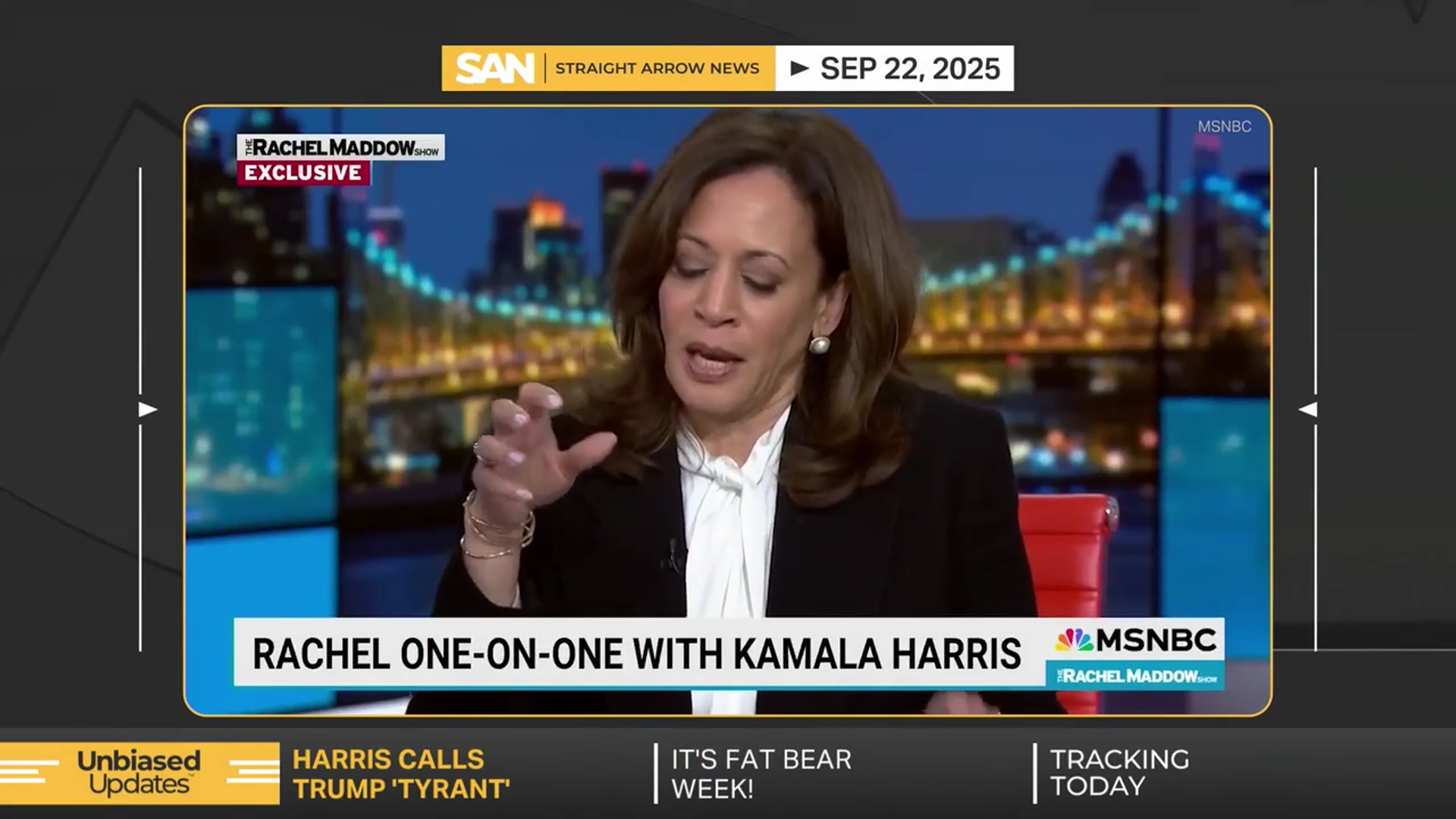 'Video thumbnail for Harris warns business leaders are enabling 'tyrant' Trump'