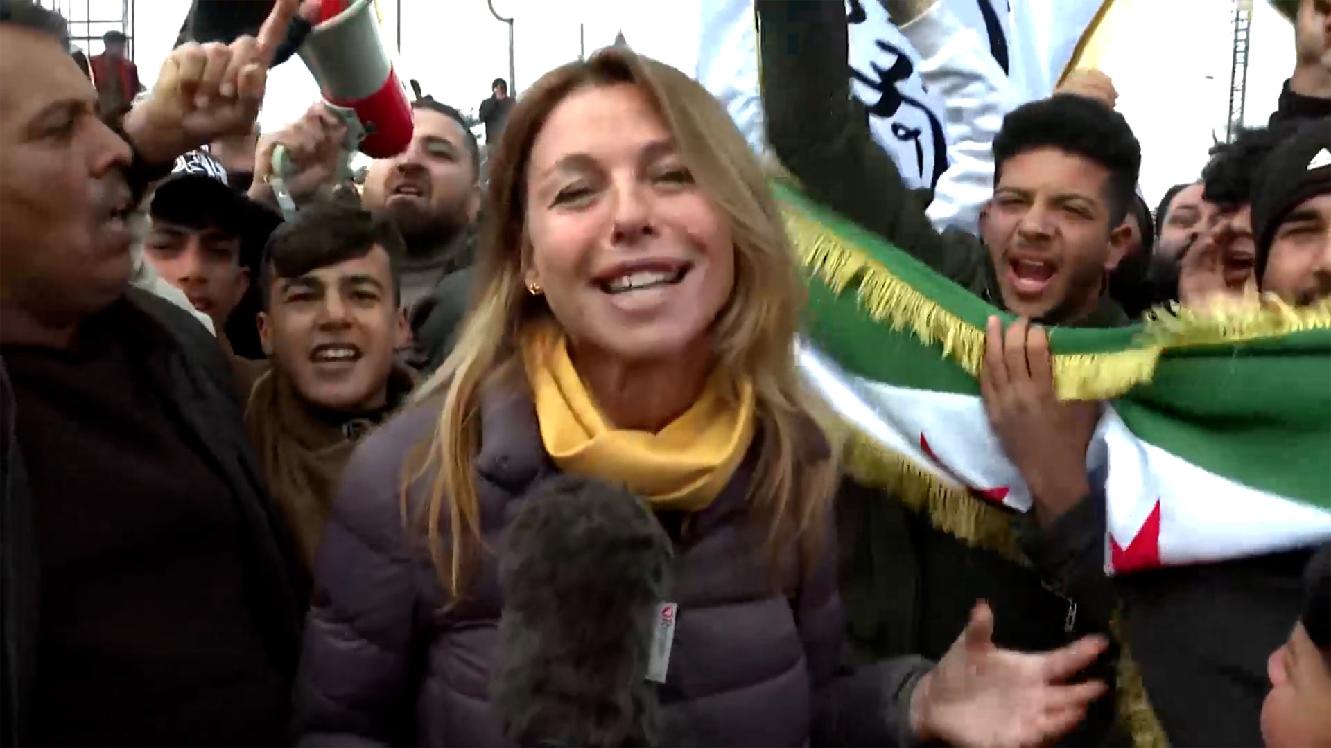 Video thumbnail for Celebrations erupt during Al Jazeera live report from northern Syria