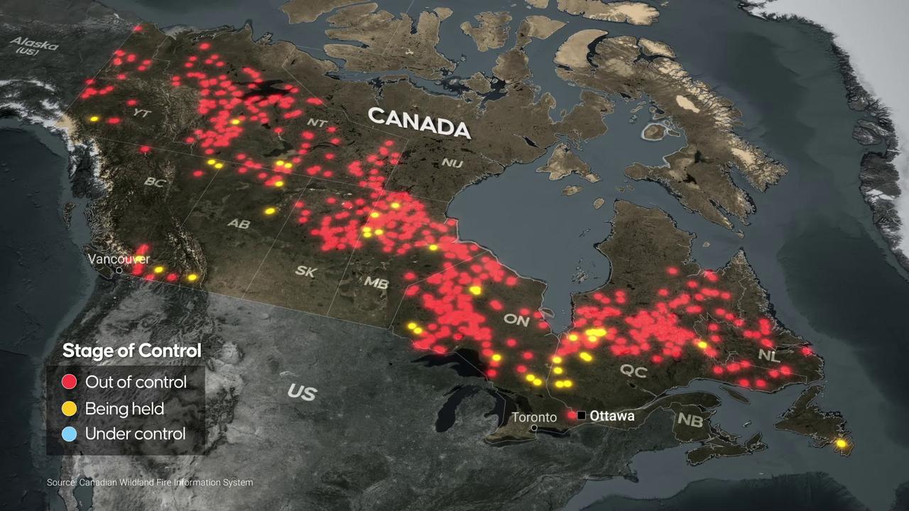 Video thumbnail for Canada: MOTION GRAPHICS - Wildfire smoke blankets Canada’s Ontario as air quality alert issued amid heat wave.