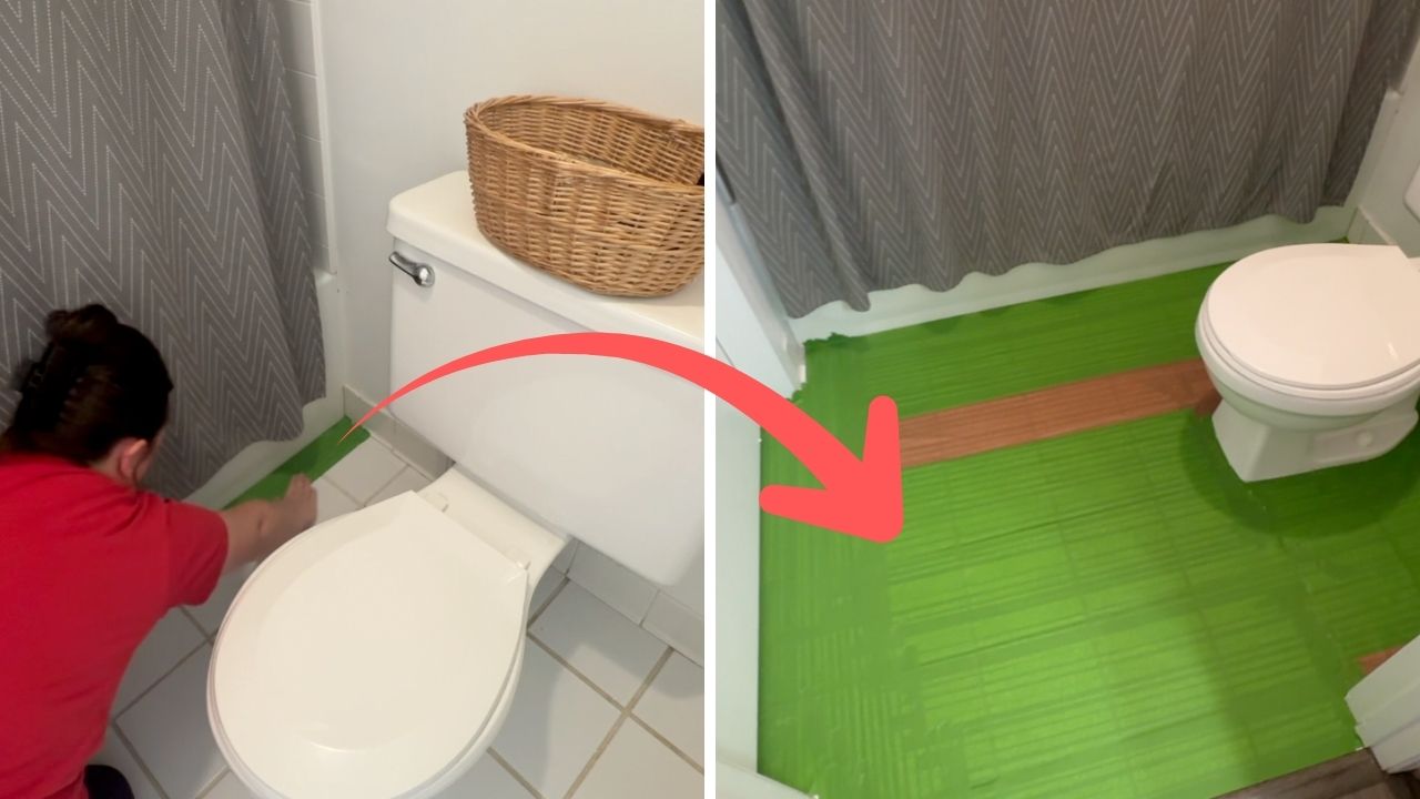 Video thumbnail for She tapes up her old bathroom floor for this GENIUS idea!