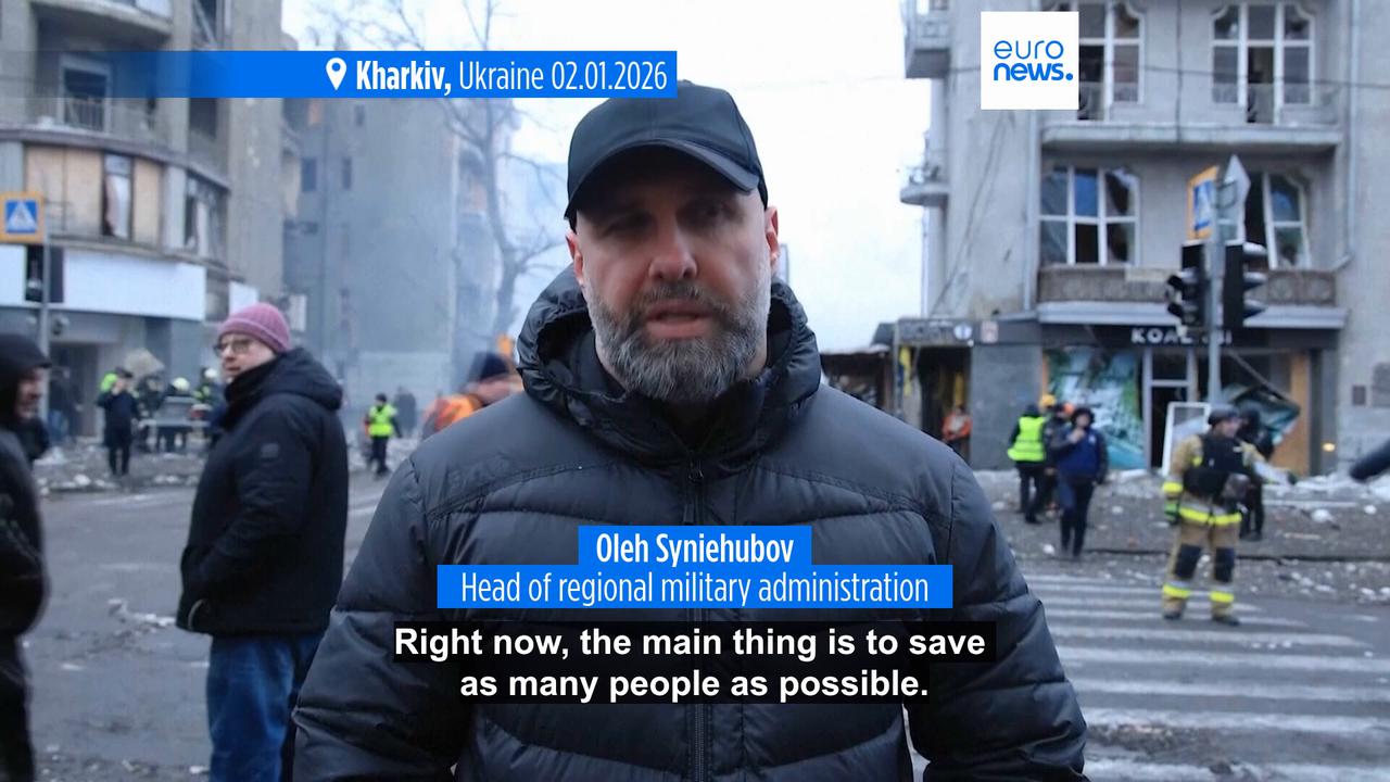 Video thumbnail for At least two people killed and scores injured in Russian strike on Ukraine's Kharkiv