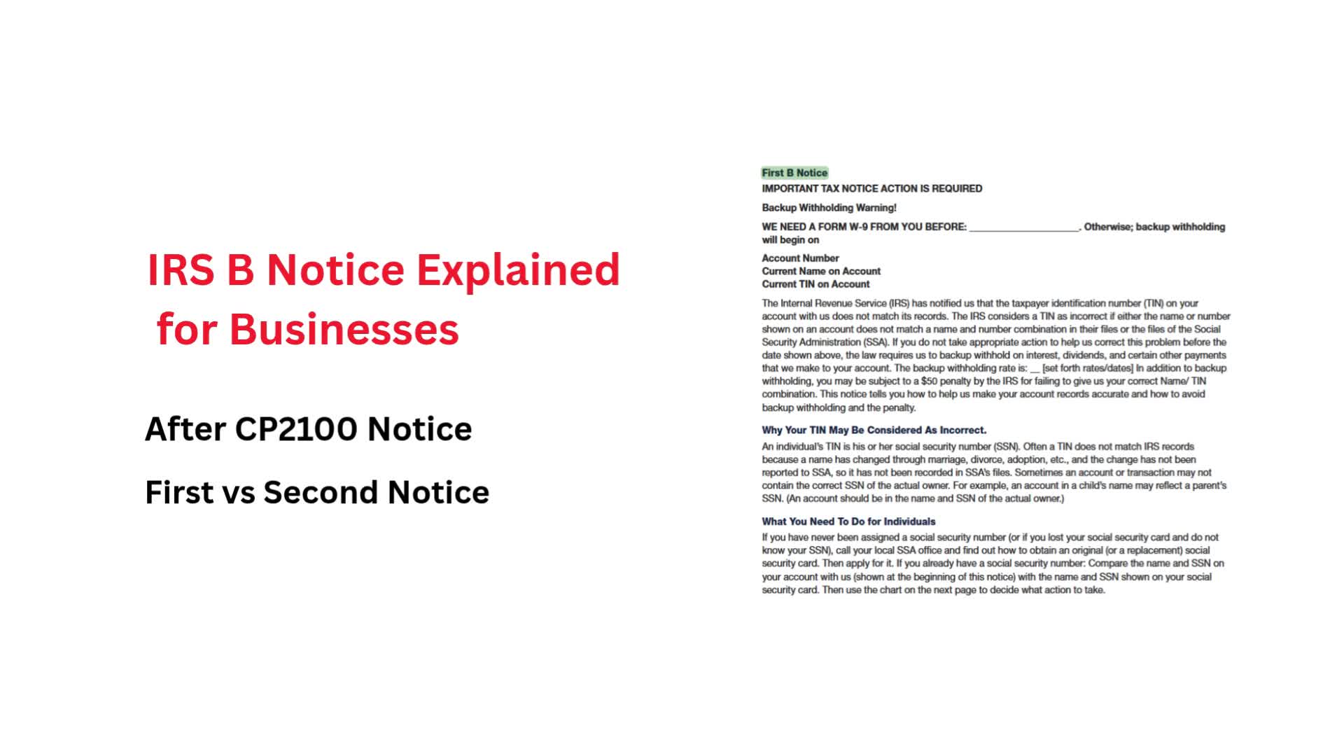 Video thumbnail for IRS B Notice Explained for Businesses (After CP2100 Notice)