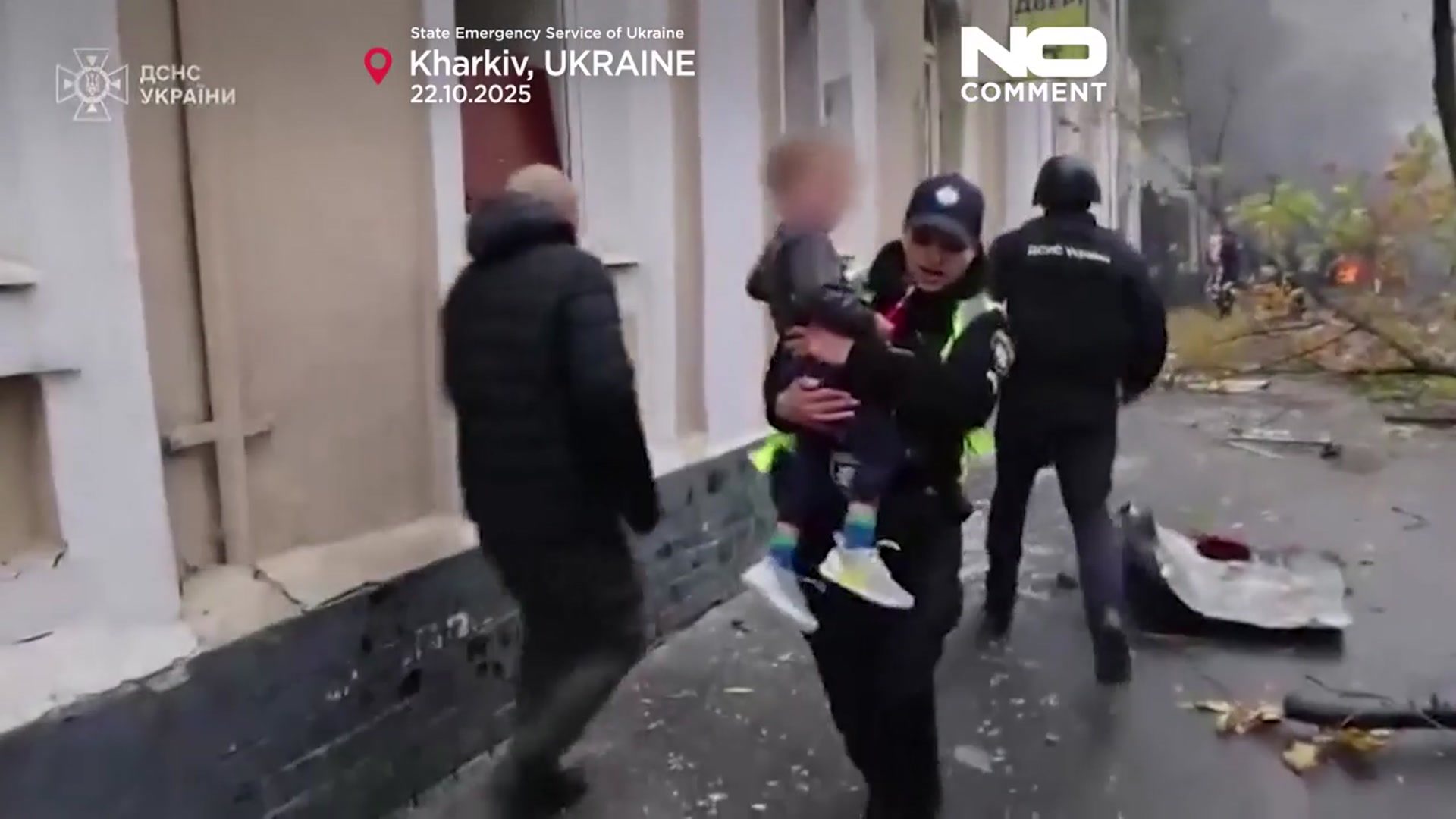 'Video thumbnail for Children evacuated after Russian attack on Kharkiv kindergarten'