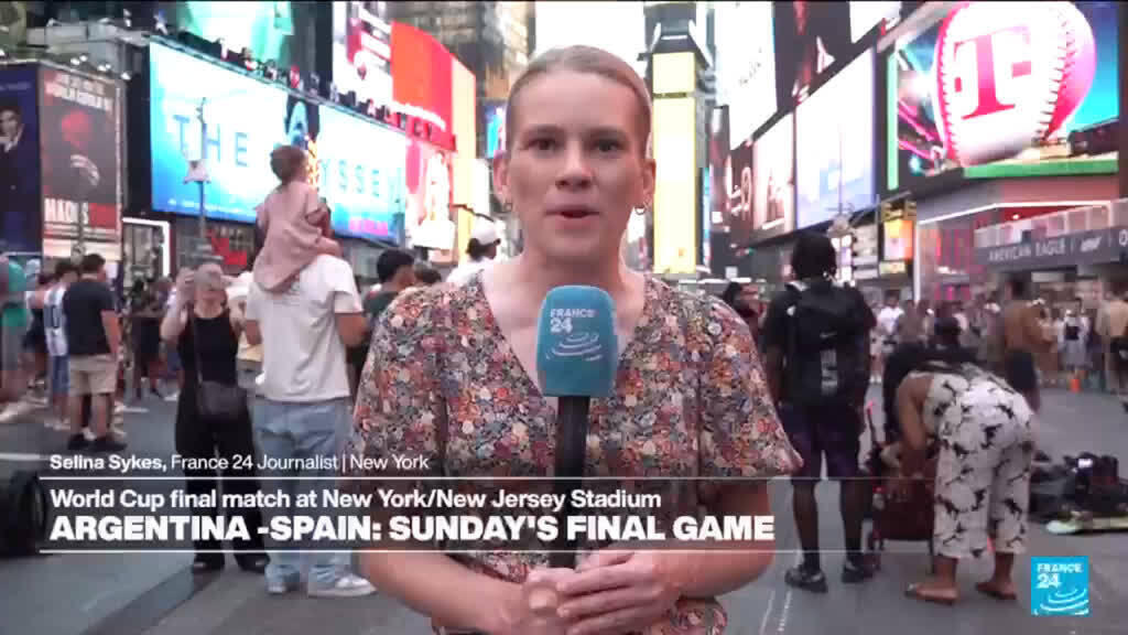 Video thumbnail for Times Square prepares for Sunday's World Cup final