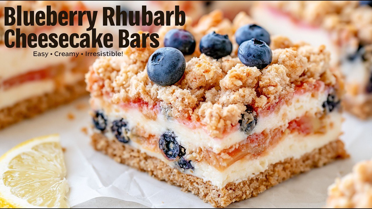 Video thumbnail for Creamy Blueberry Rhubarb Bars That Taste Like Heaven