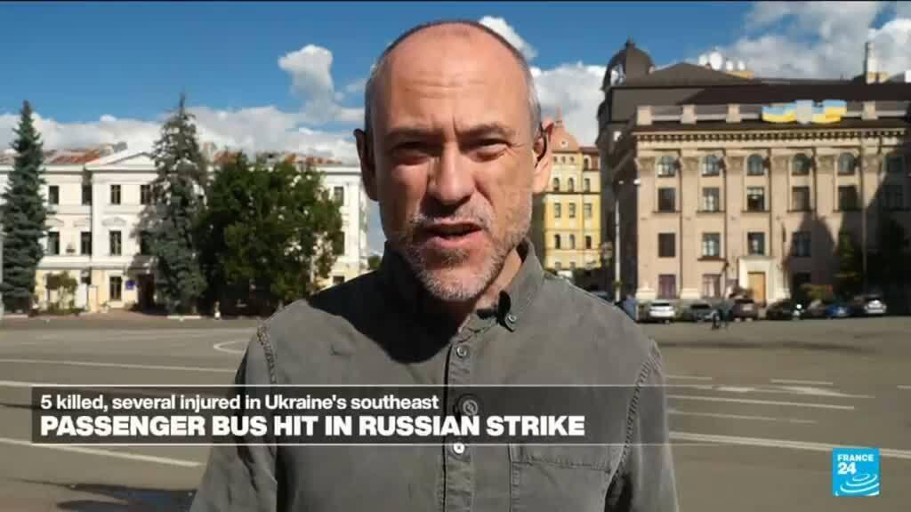 Video thumbnail for Russian drone strike on a passenger bus in Ukraine kills 5 people and wounds at least 7 others