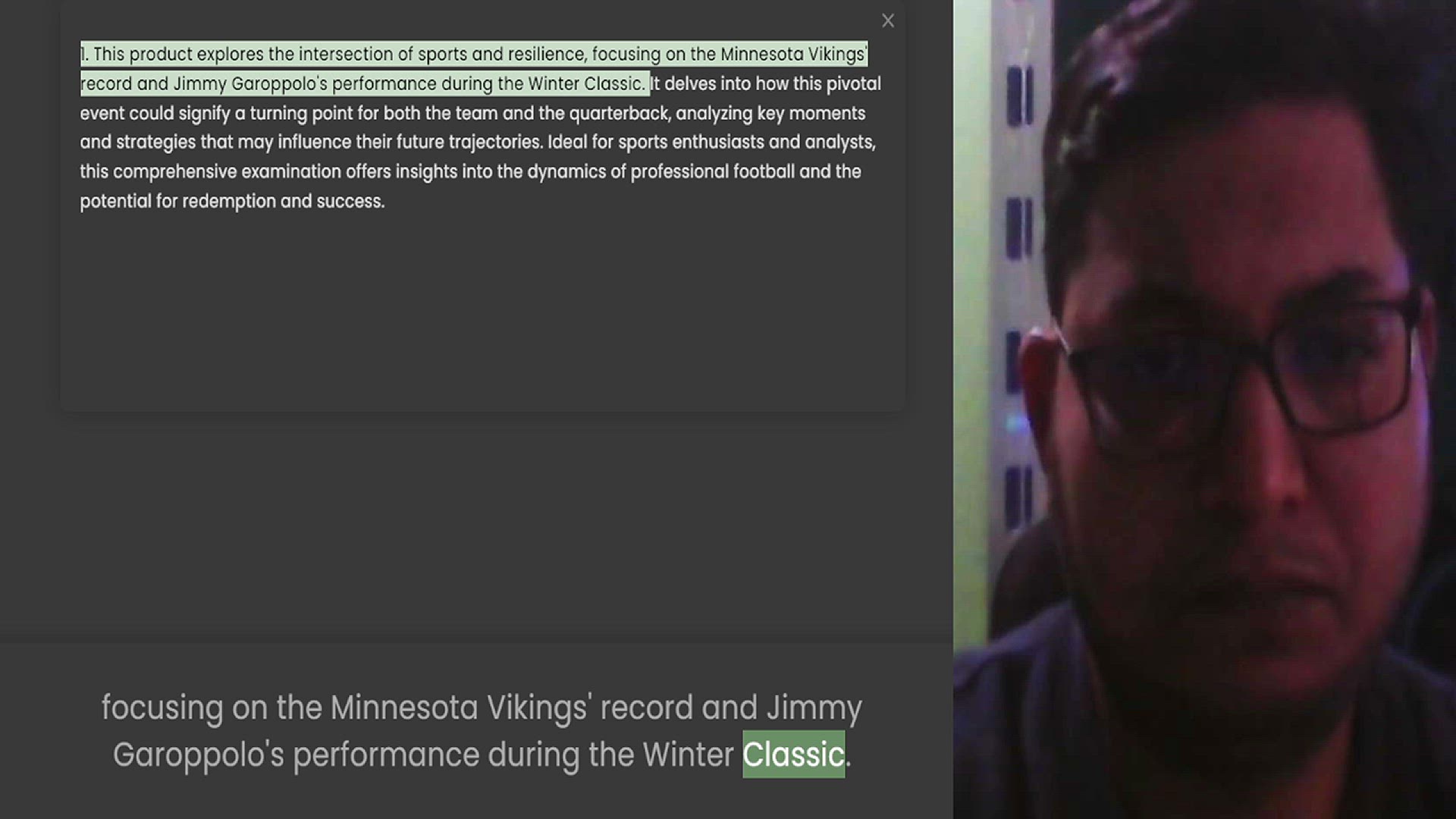 Video thumbnail for 1. This product explores the intersection of sports and resilience, focusing on the Minnesota Vikings' record and Jimmy Garoppolo's performance during the Winter Classic. It delves into how this pivotal event could signify a turning point