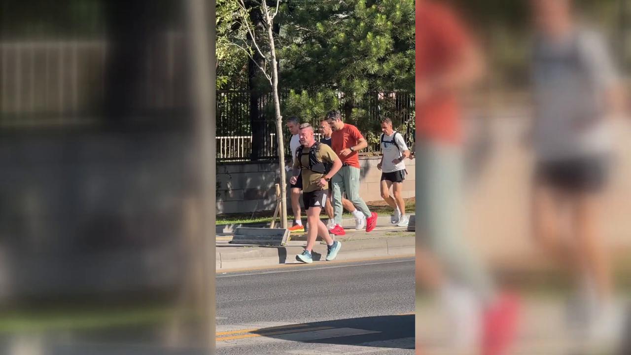 Video thumbnail for Türkiye: French President Macron jogs in Ankara during NATO summit visit.