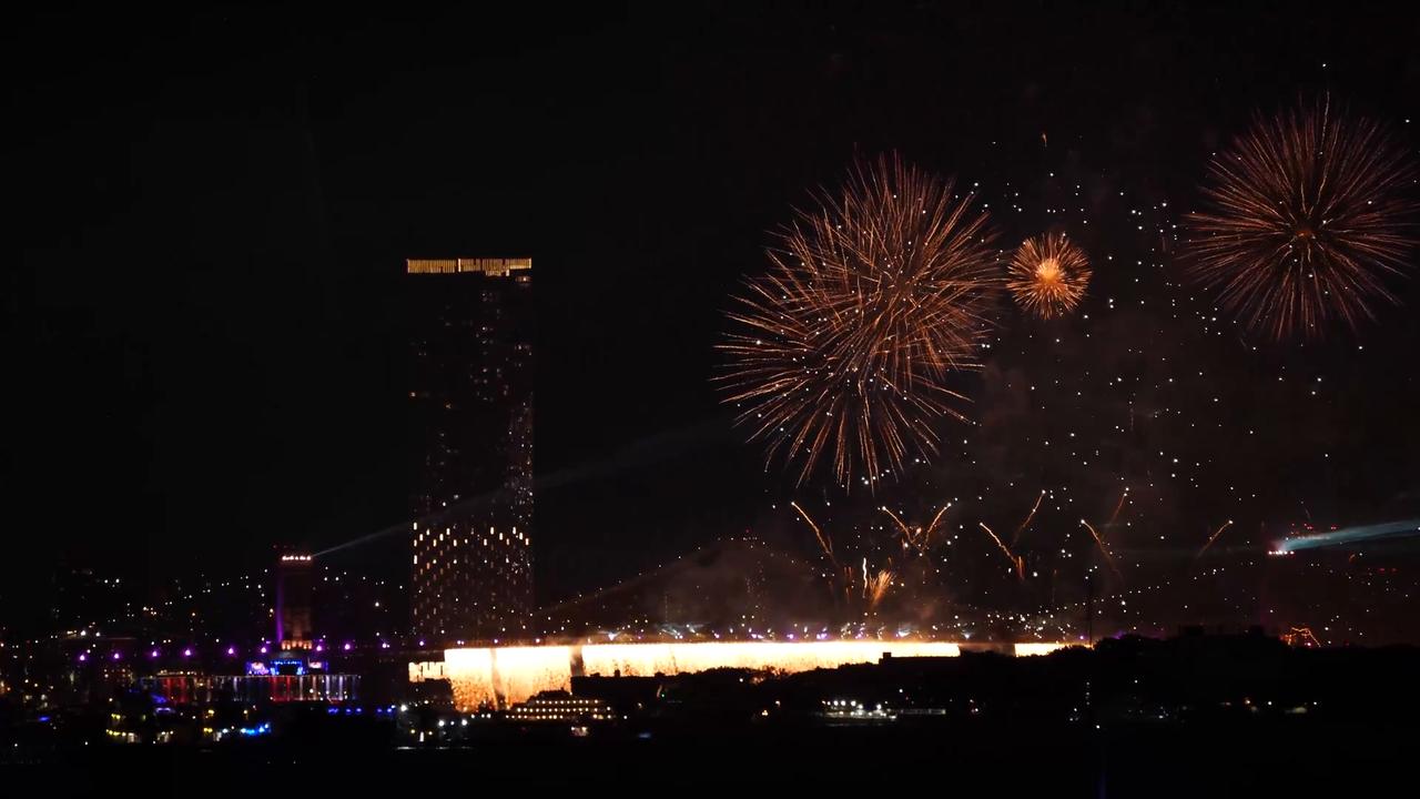 Video thumbnail for US: Fireworks light up New York skyline for US 250th anniversary.