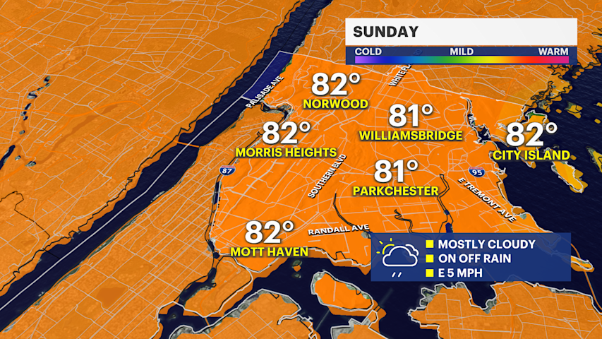 Video thumbnail for Chance of scattered thunderstorms and warm temperatures for the Bronx on Sunday